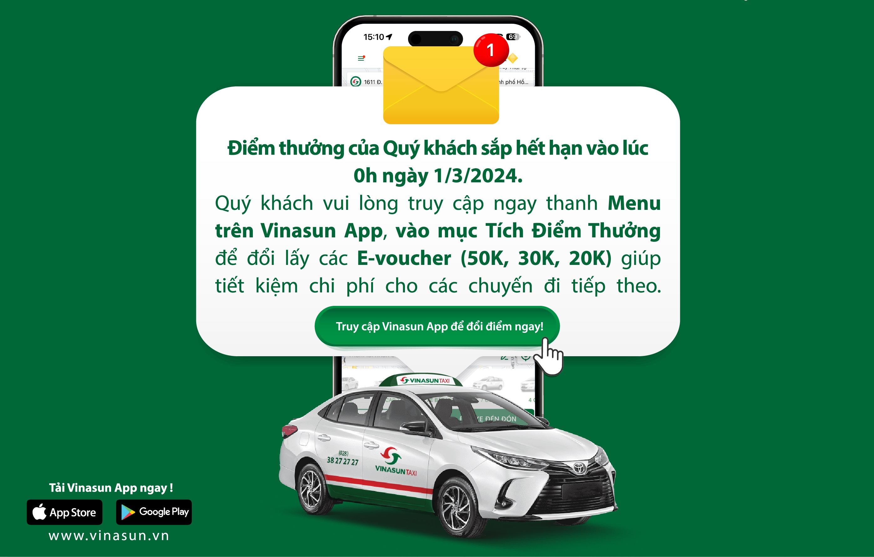 Sắp hết hạn! Nhận e-voucher giá trị từ chương trình tích điểm Vinasun Taxi!