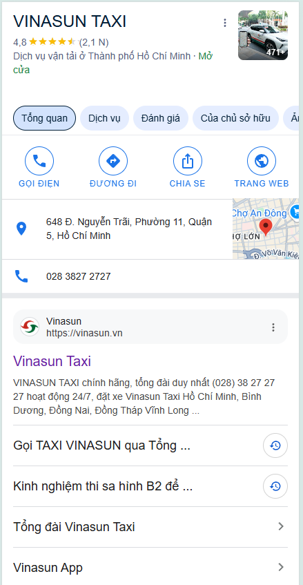 Hướng dẫn tìm kiếm số Tổng đài Vinasun Taxi và đặt xe chính hãng trên Google