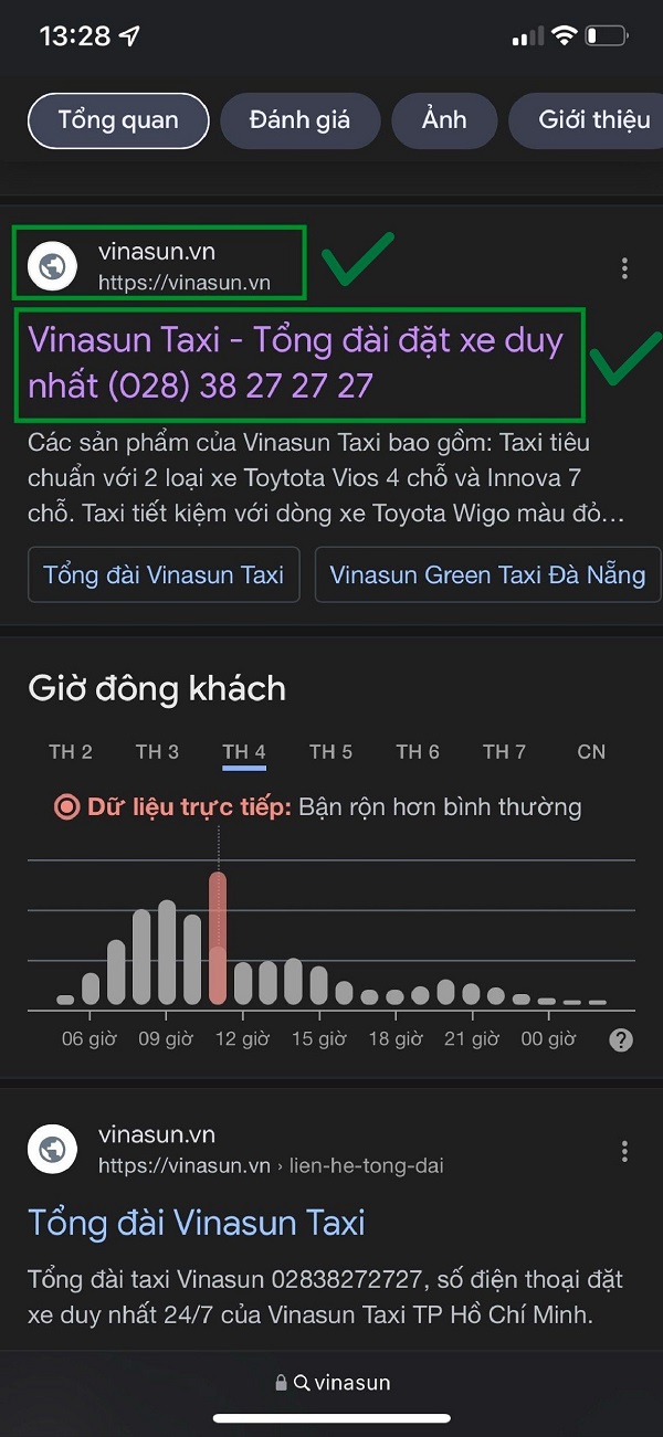 Vinasun Taxi chính hãng: hiển thị website chính thức https://www.vinasun.vn, đầy đủ thông tin rõ ràng và có nội dung "Tổng đài gọi xe duy nhất (028) 38 27 27 27".