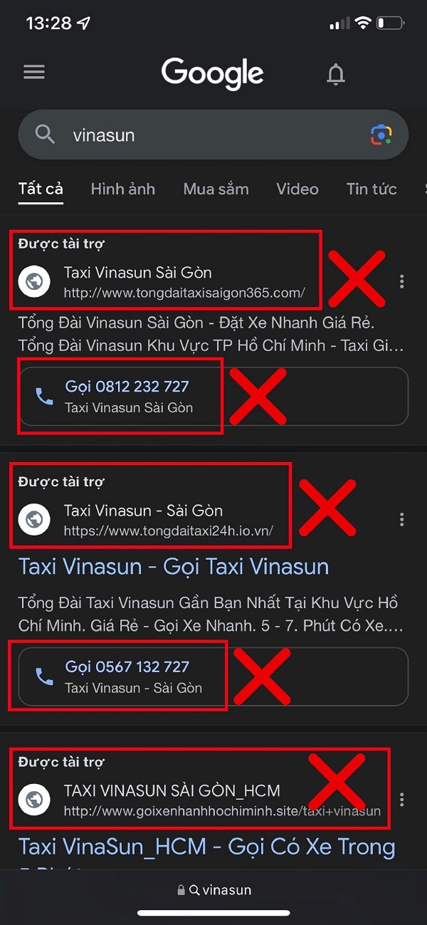 Vinasun Taxi chính hãng: hiển thị website chính thức https://www.vinasun.vn, đầy đủ thông tin rõ ràng và có nội dung "Tổng đài gọi xe duy nhất (028) 38 27 27 27".